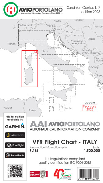 AVIOportolano VFR Flight Chart - Italy Sardinia-Corsica (LI-7) (Edition 2025)