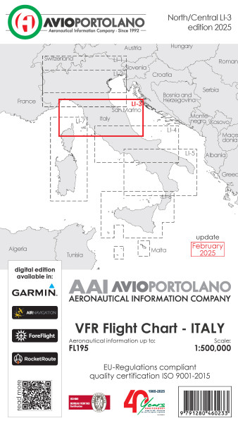 AVIOportolano VFR Flight Chart - Italy North/Central (LI-3) (Edition 2025)